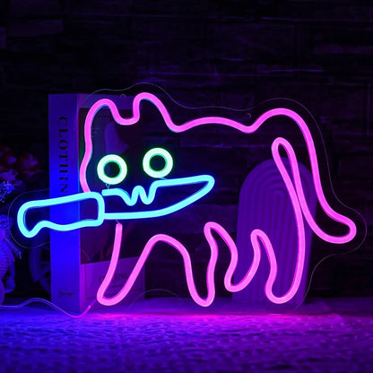 Sneaky Knife Cat Neon Sign